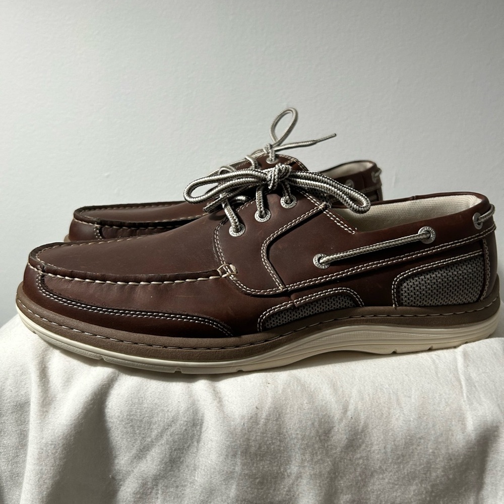 Chaps Brown Leather Boat Loafers with Cream Sole